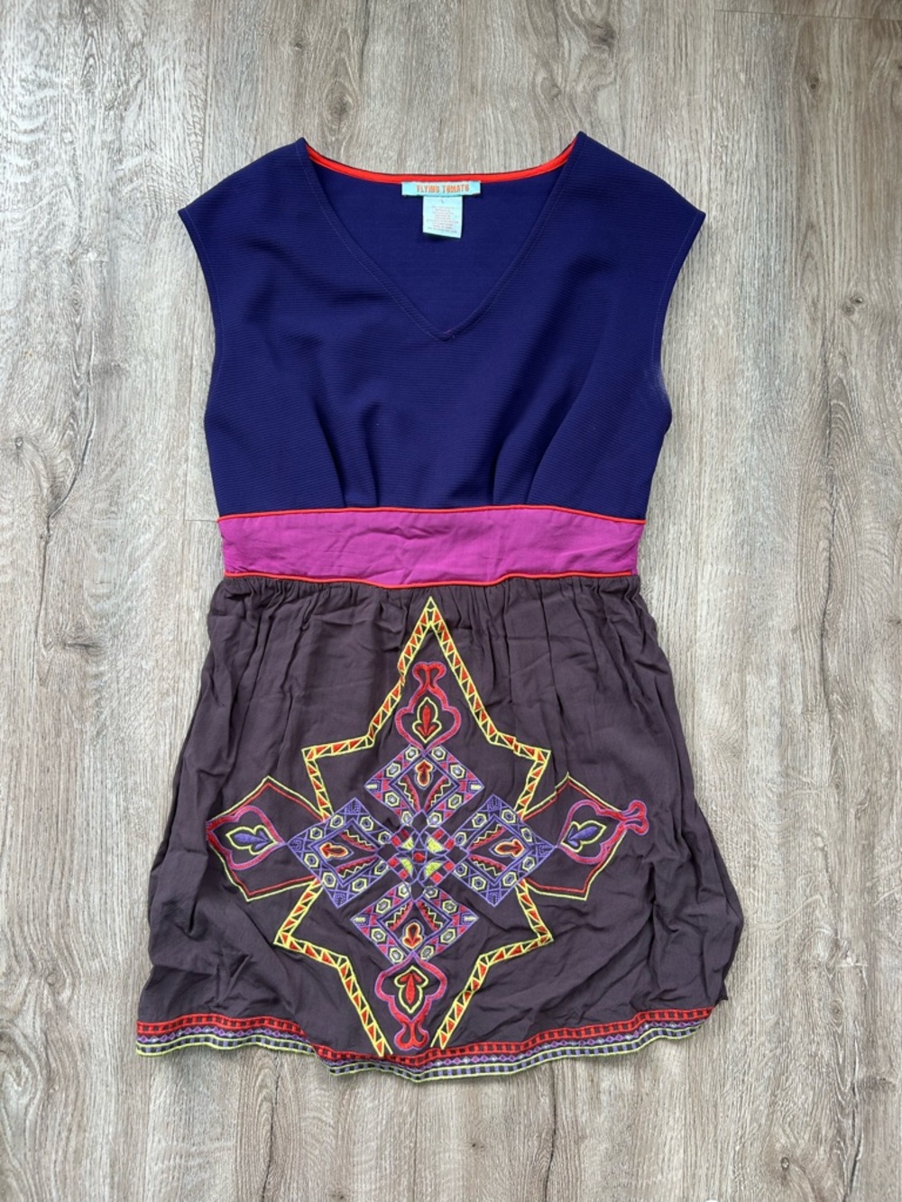 Flying Tomato Navy & Purple Embroidered Waistband Mini Dress